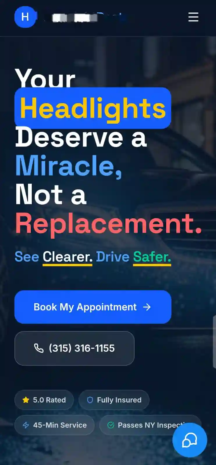 Mobile landing page built for Car Headlight Cleaning