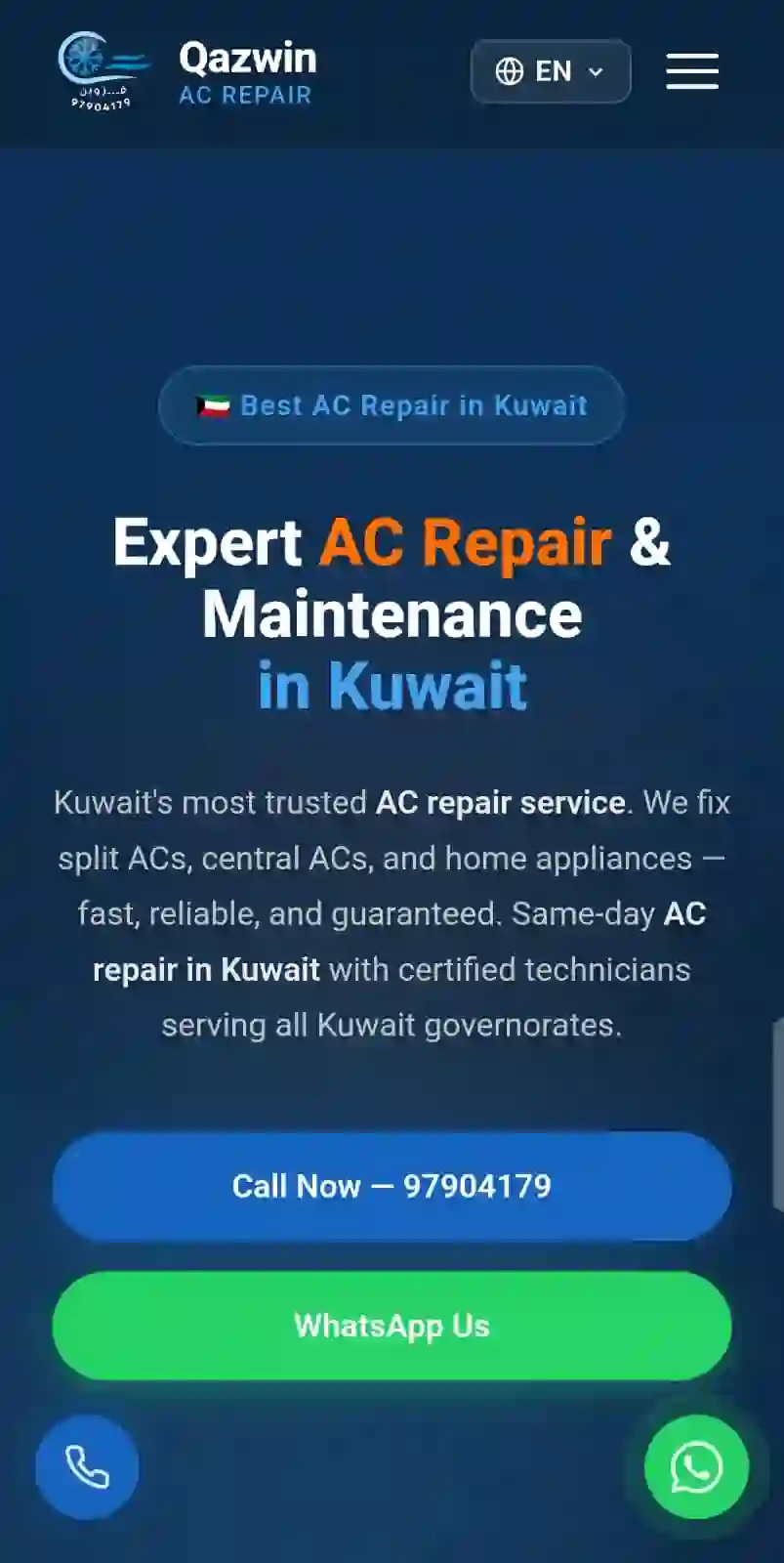 Mobile landing page built for a an Ac Repair Business